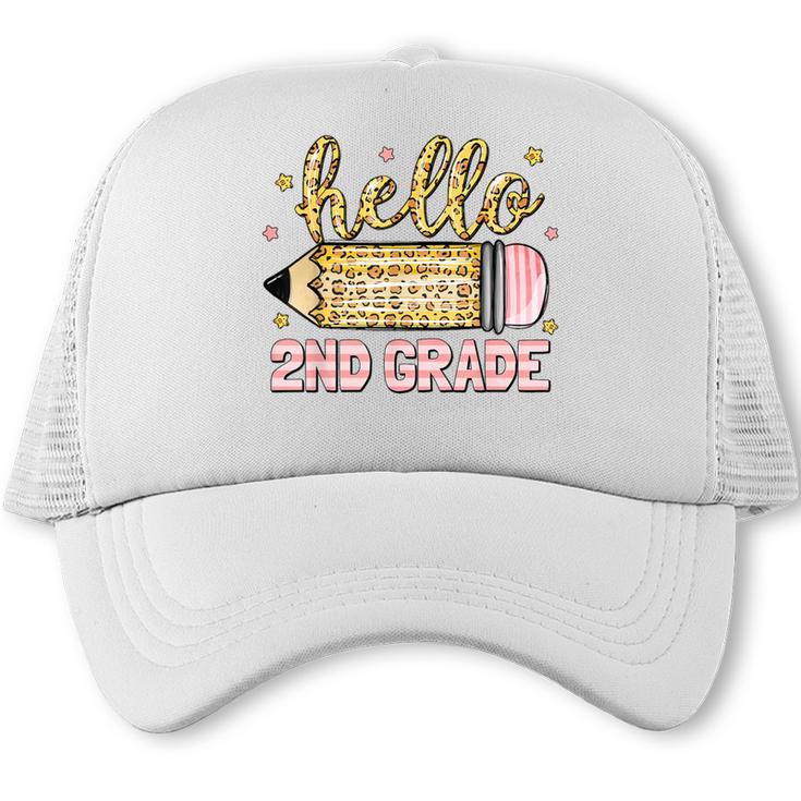 Back To School Hello Second 2nd Grade Leopard Pencil Girl Trucker Cap