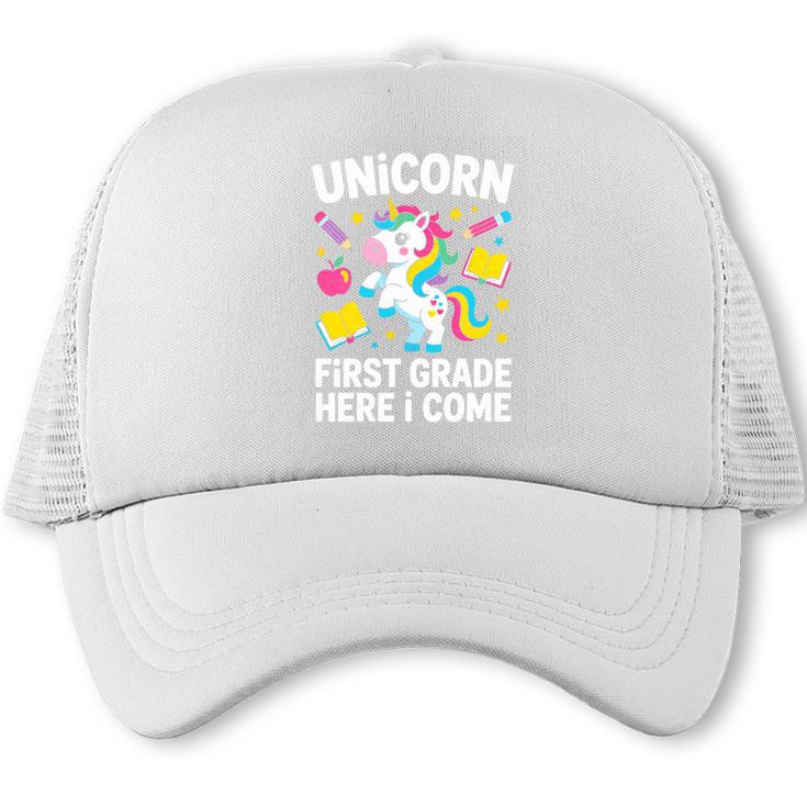 Back To School Unicorn First Grade Here I Come Premium Tri-Blend Trucker Cap