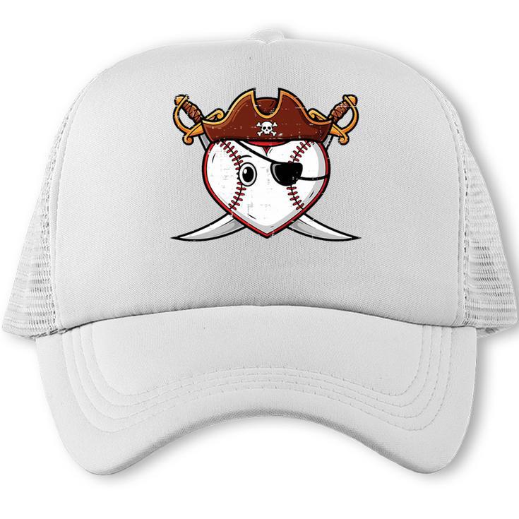 Baseball Heart Pirate Hat Crossed Swords Men Boys Kids Youth Premium Tri-Blend Trucker Cap