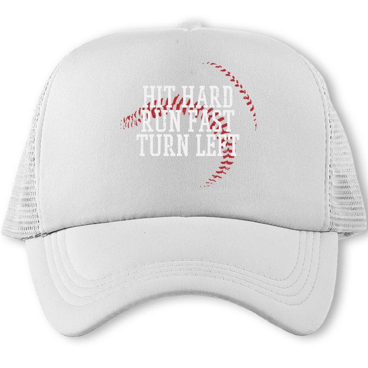Baseball Hit Hard Run Fast Turn Left Men Boys Kid Teen Youth Premium Tri-Blend Trucker Cap