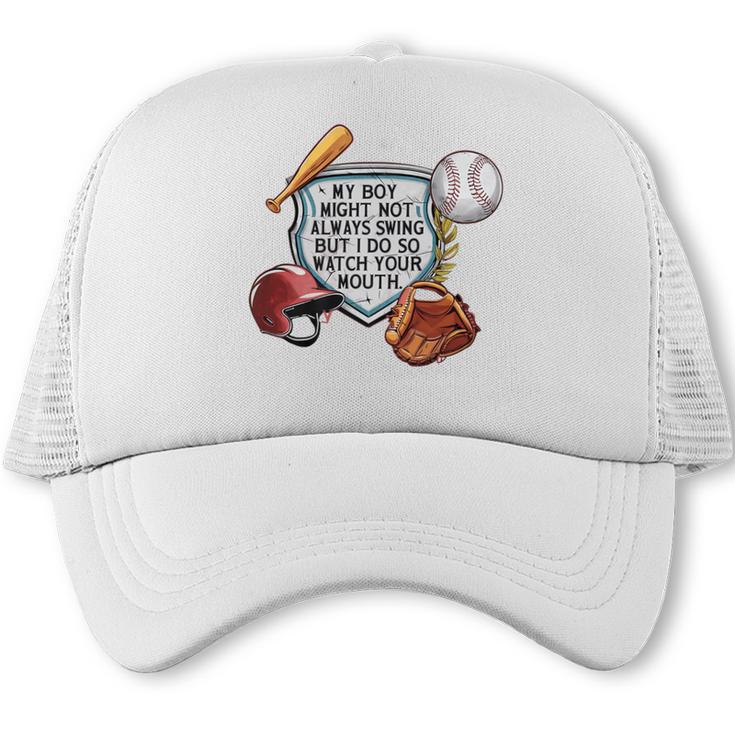 My Boy Might Not Always Swing Baseball Mom Premium Trucker Cap
