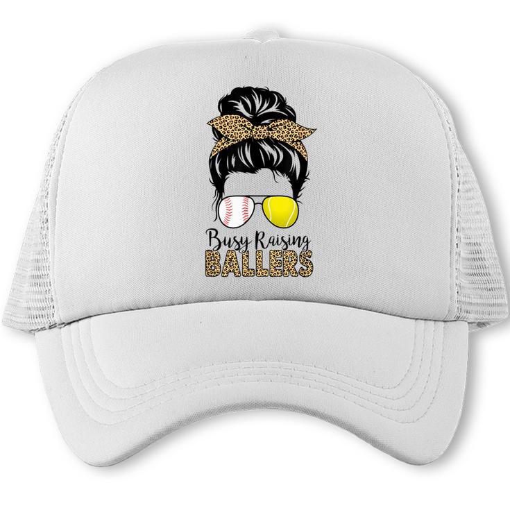 Busy Raising Ballers Tennis Baseball Mom Messy Bun Leopard Trucker Cap