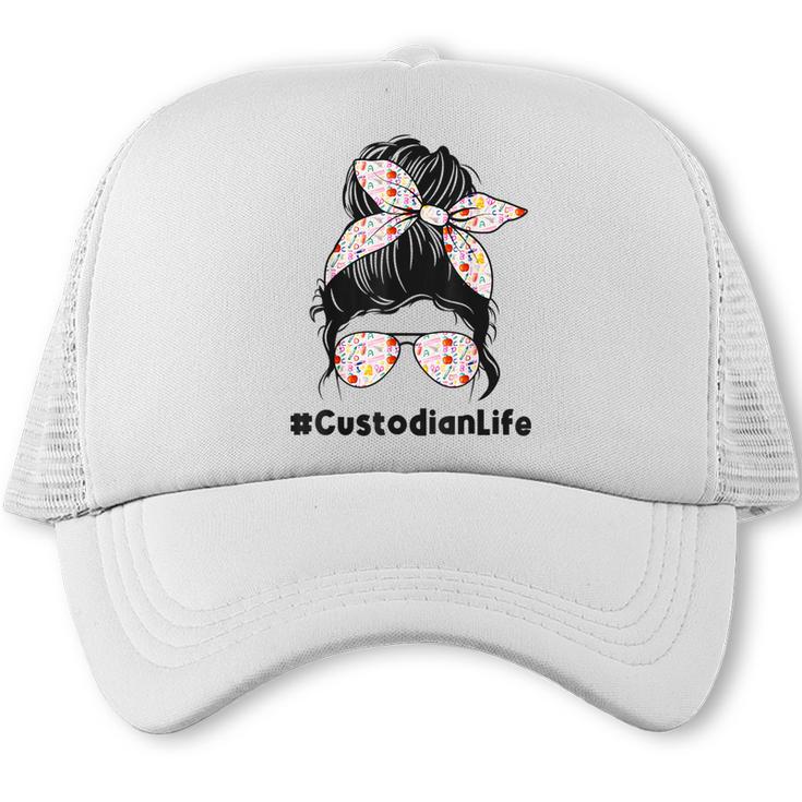 Custodian Life Messy Bun Hair Glasses Leopard Back To School Trucker Cap