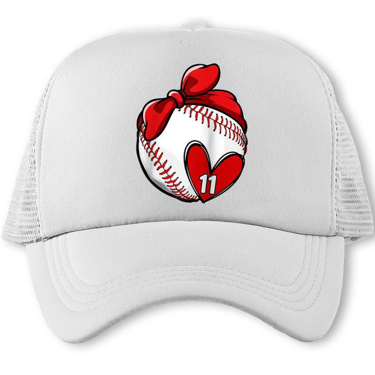 Custom Baseball Mom Number 11 Heart For Mom Mommy Raglan Baseball Tee Trucker Cap