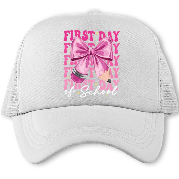 First Day Of School Girls Coquette Bow Back To School Performance Trucker Cap