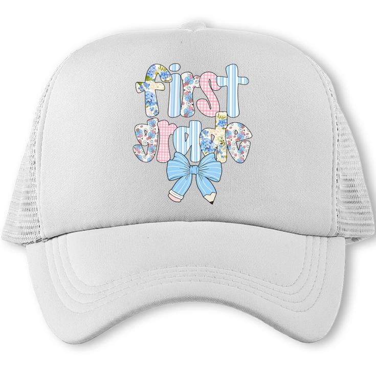 First Grade Coquette Bow Pencil First Day Back To School Performance Trucker Cap