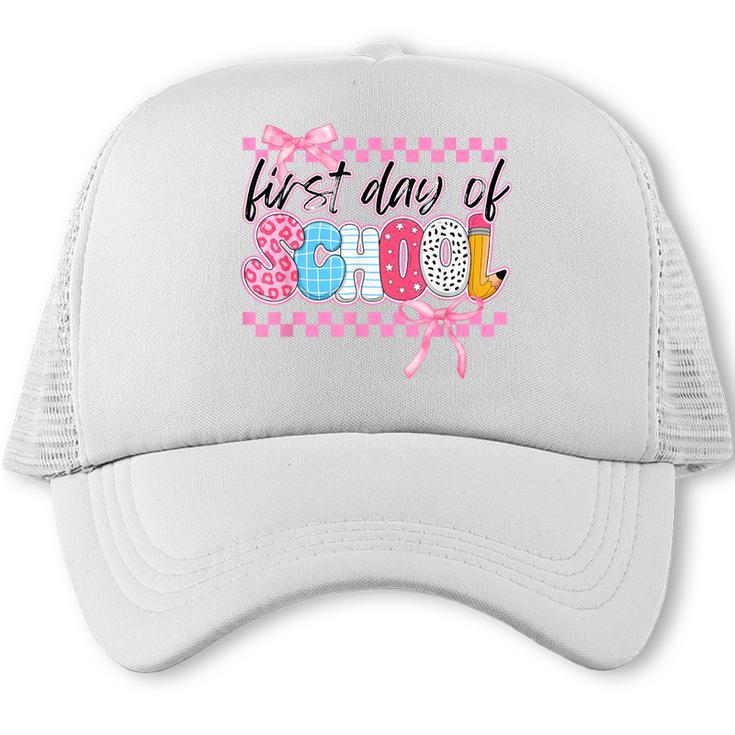 Girl First Day Of School Coquette Bow Pink Back To School Trucker Cap