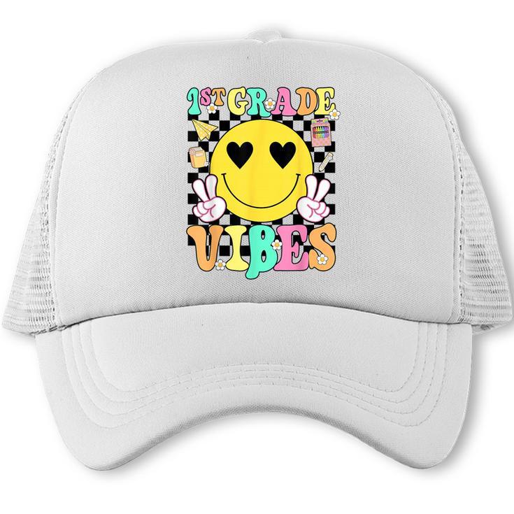 Girls 1st Grade Vibes Smile Face Back To School First Grade Trucker Cap