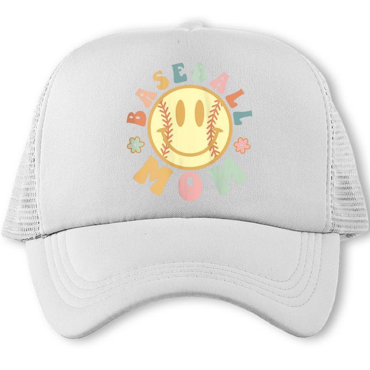 Groovy Retro Floral Happy Smiling Face Baseball Mom Trucker Cap