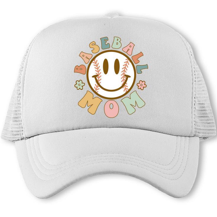 Happy Baseball Mom Groovy Retro Floral Smiling Face Trucker Cap