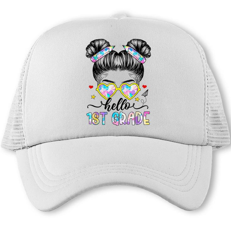 Hello 1st Grade Messy Bun Girl Back To School First Day Trucker Cap