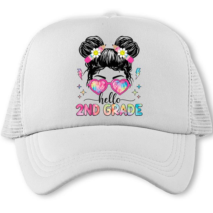 Hello 2nd Grade Messy Bun Girl Back To School First Day Trucker Cap