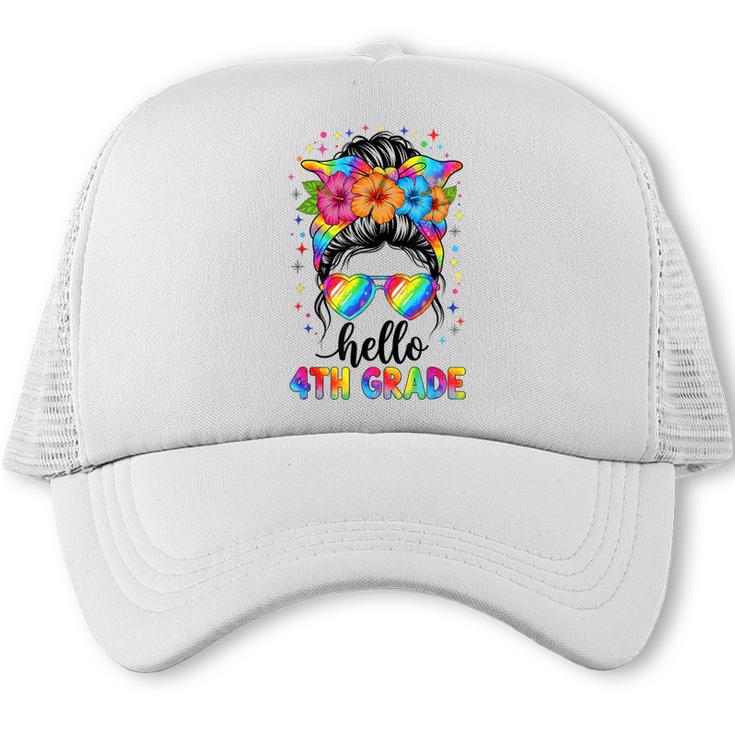Hello 4th Grade Messy Bun Girls Back To School First Day Trucker Cap
