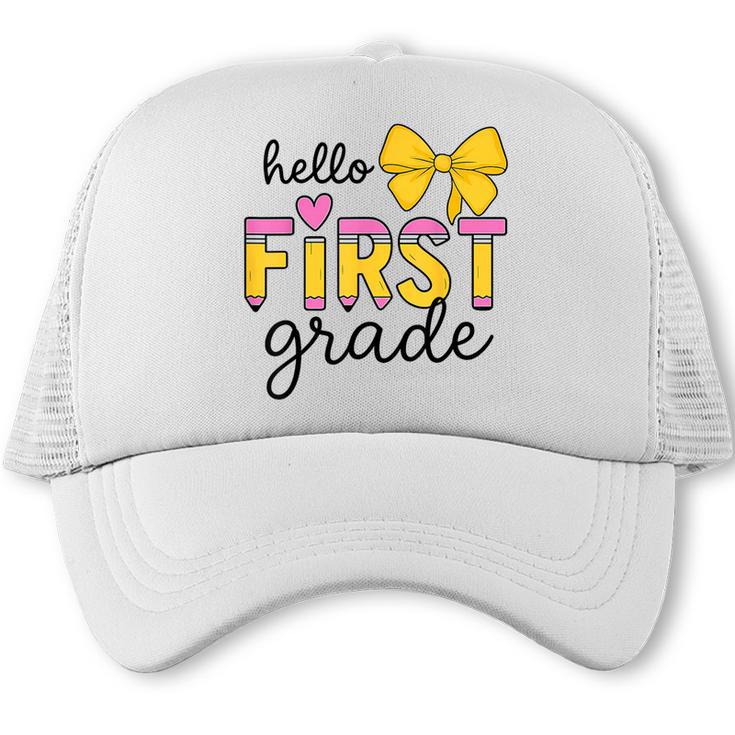 Hello First Grade For Girls Boys Cute Back To School Pencil Trucker Cap