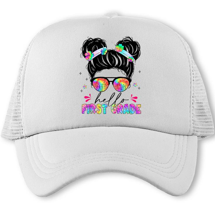 Hello First Grade Shirt Messy Bun Tie Dye Back To School Trucker Cap
