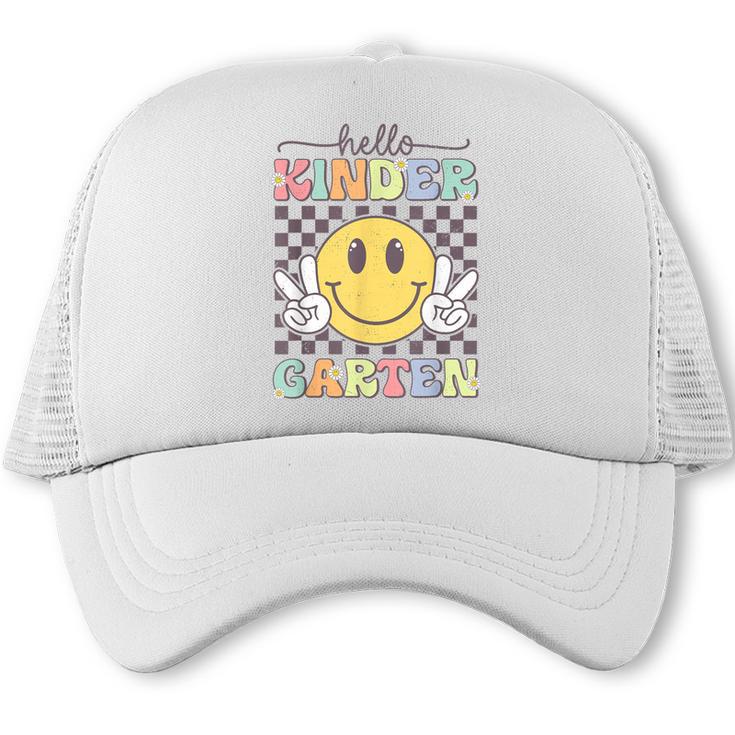 Hello Kindergarten Hippie Smile Face Back To School Trucker Cap