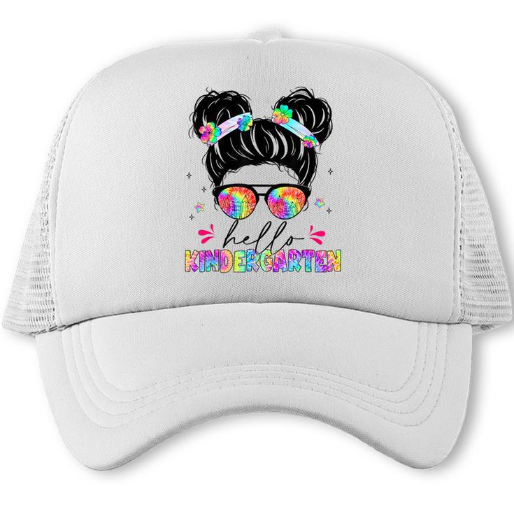 Hello Kindergarten Shirt Messy Bun Tie Dye Back To School Trucker Cap