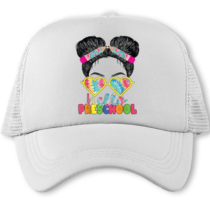 Hello Preschool Messy Bun Tie Dye Back To School Girls Kids Trucker Cap