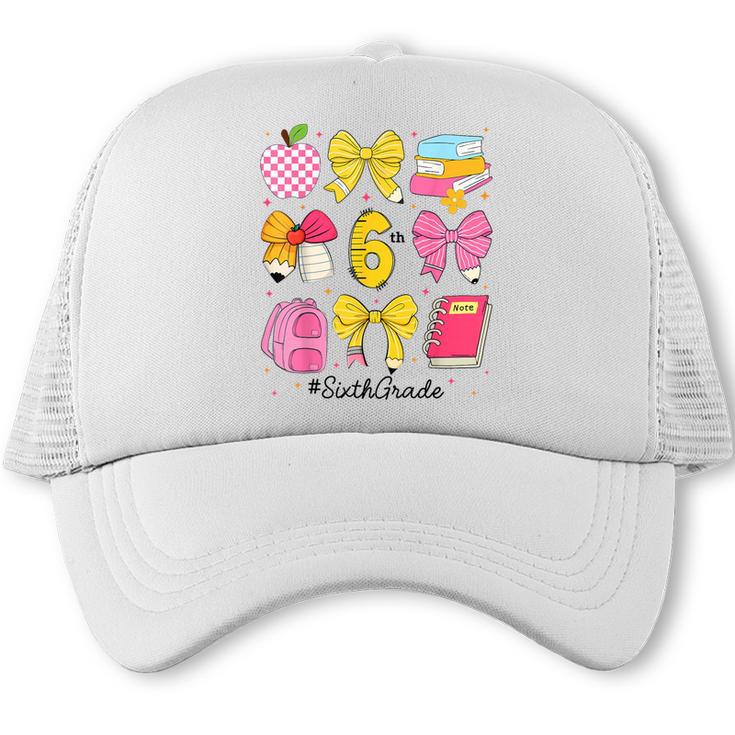 Hello Sixth 6th Grade Back To School Coquette Bow Girls Trucker Cap