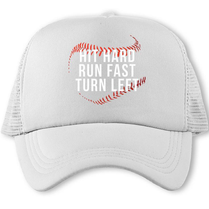 Hit Hard Run Fast Turn Left Baseball Player & Fan Premium Tri-Blend Trucker Cap