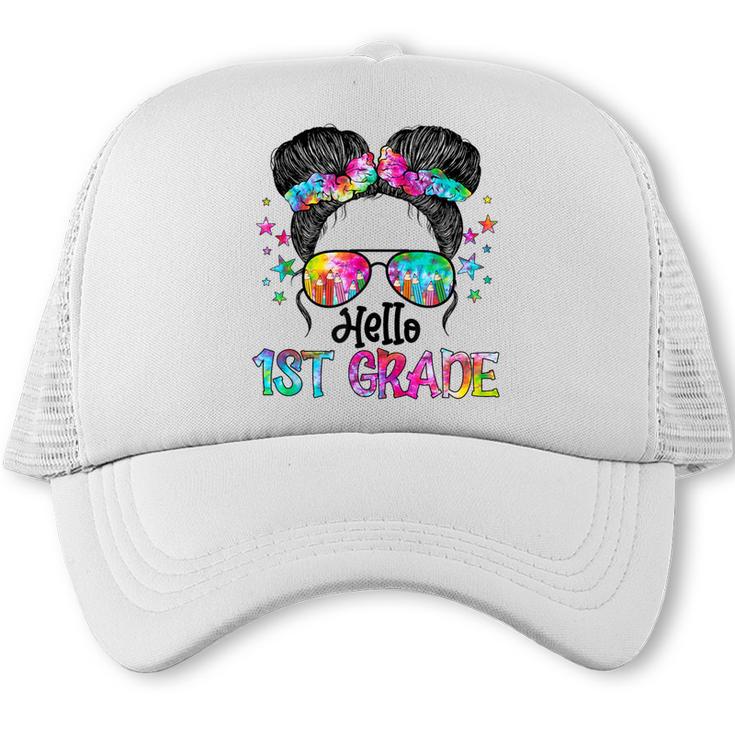 Messy Hair Bun Girl Back To School First Day Hello 1st Grade Trucker Cap