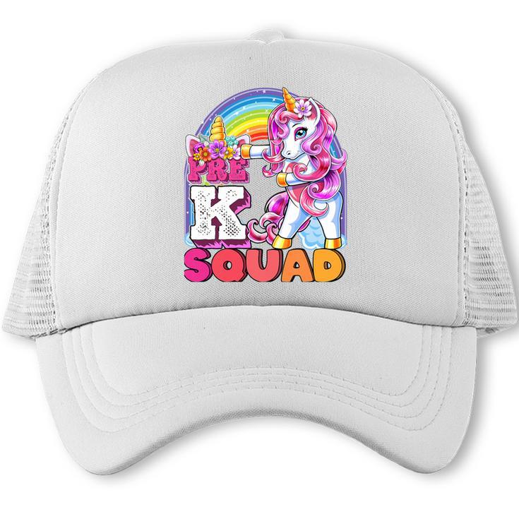 Pre-K Squad Flossing Unicorn Back To School Girls Premium Tri-Blend Trucker Cap