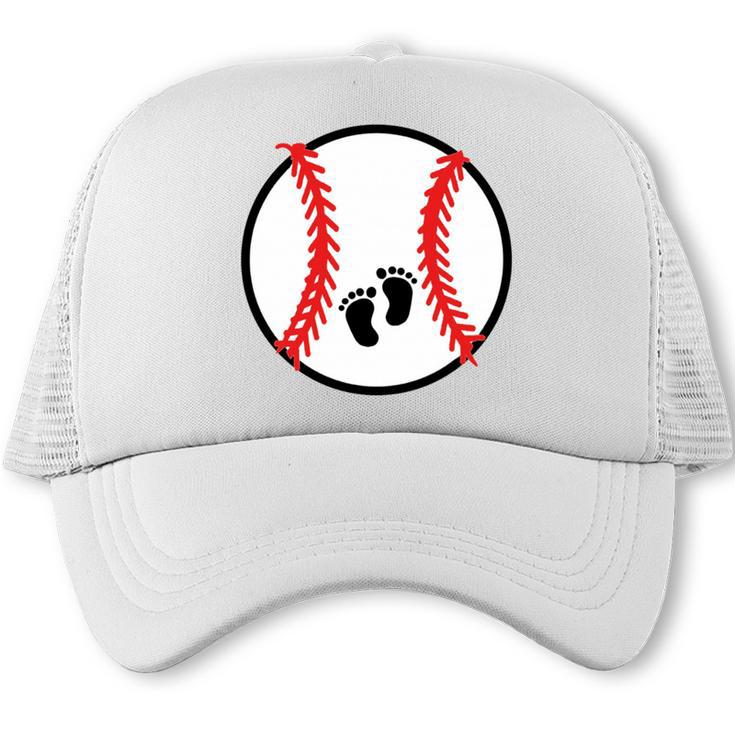 Pregnant Baseball Mom Pregnancy Announcement Baby Feet Belly Trucker Cap