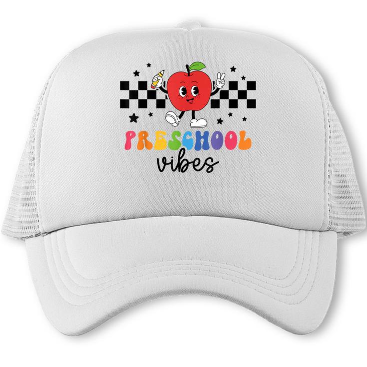 Preschool Vibes Retro Groovy Apple Back To School Trucker Cap