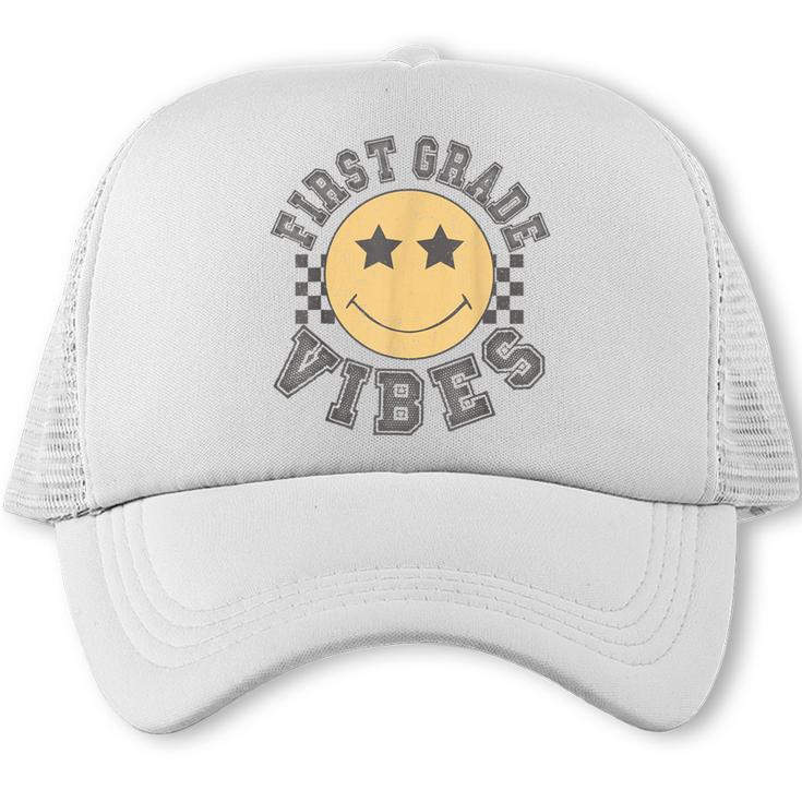 Retro First Grade Vibes Smile Face Back To School 1st Grade Trucker Cap