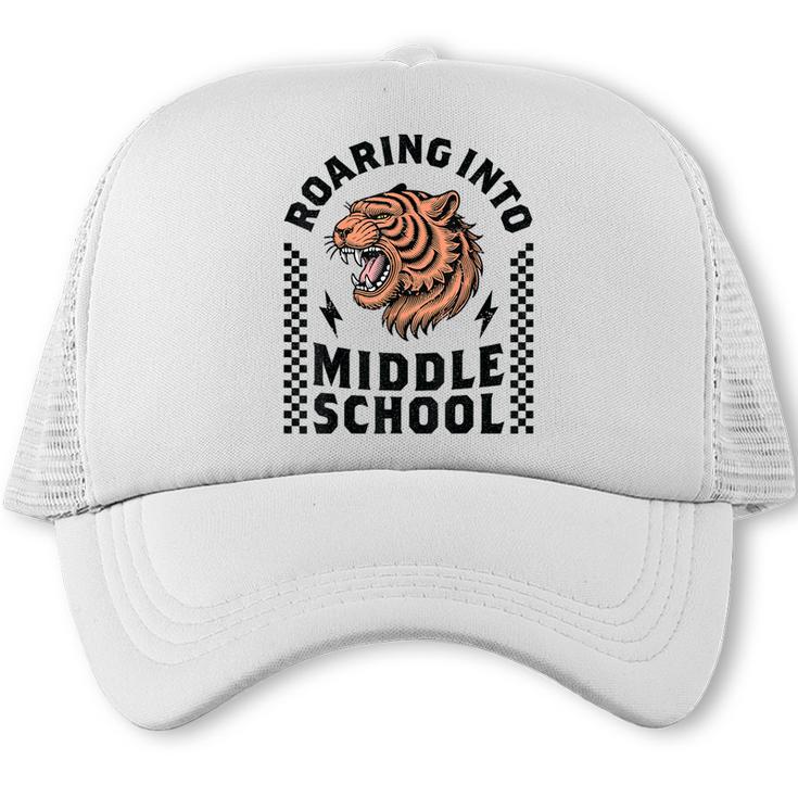 Roaring Into Middle School Tiger Back To School Boy Girl Kid Trucker Cap