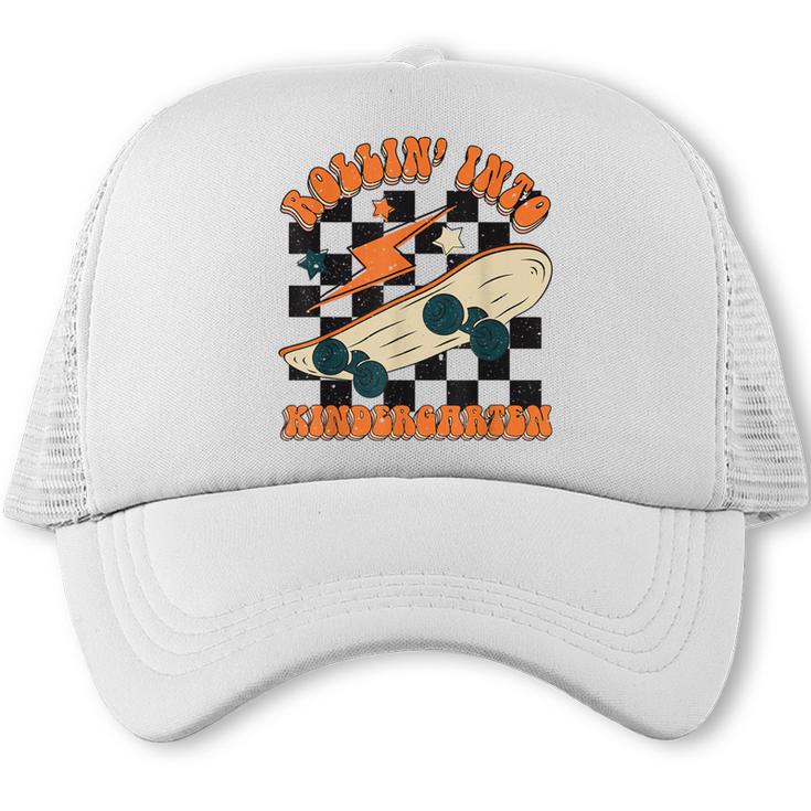 Rolling Into Kindergarten Retro Groovy Back To School Kids Trucker Cap