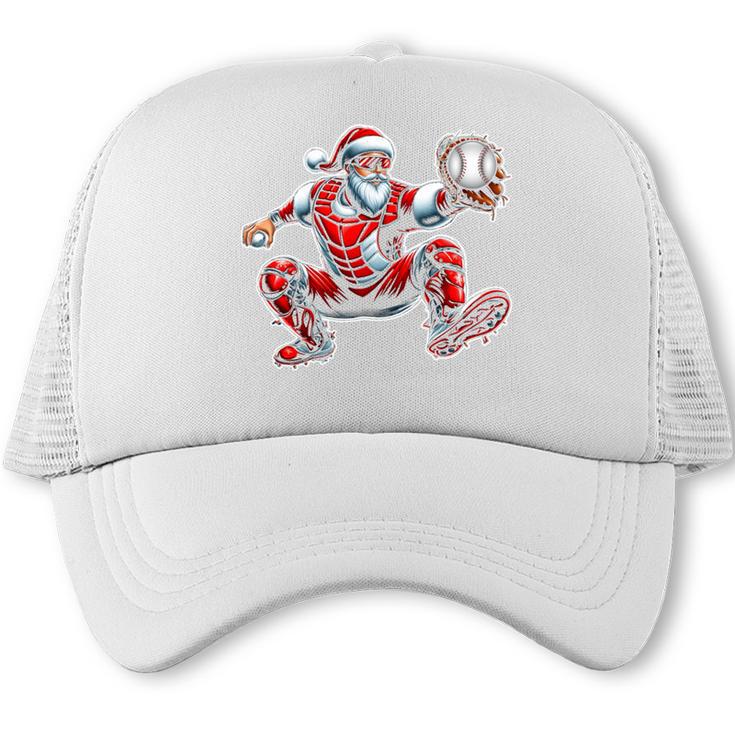Santa Playing Baseball Catcher Merry Christmas Sport Player Trucker Cap