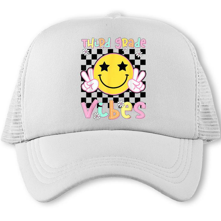 Third Grade Vibes Groovy Smile Face Back To School Girl Kid Trucker Cap