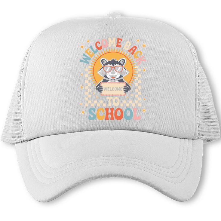 Welcome Back To School Raccoon First Day Of School Checkered Premium Tri-Blend Trucker Cap