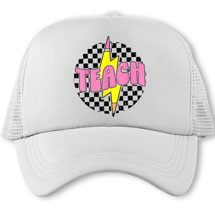 Women Checkered Teach Pencil Lightning Bolt Back To School Trucker Cap