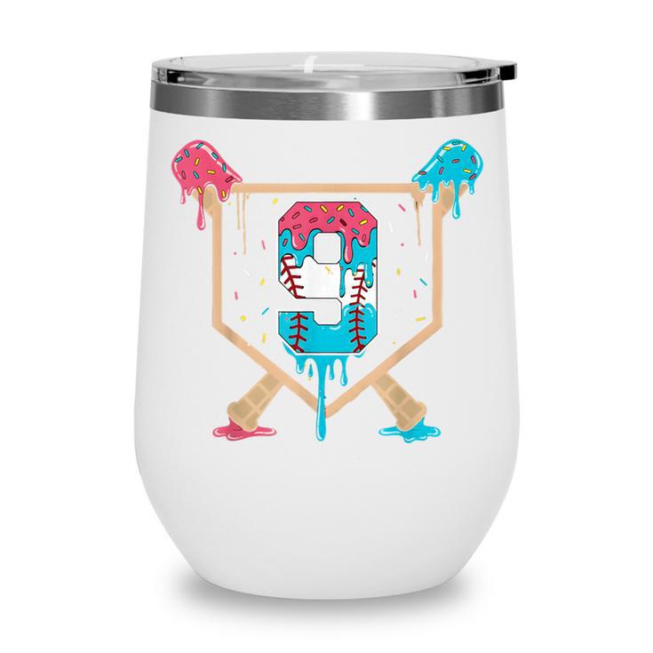 Baseball 9 Year Old Ice Cream Drip 9th Birthday Boys Player Wine Tumbler