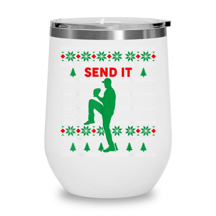 Baseball Player Christmas Pajama Send It Xmas PJs Boys Wine Tumbler