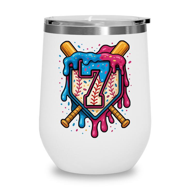 HUGvyn 7th Birthday Baseball Ice Cream Drip Number 7 Kid Boy Wine Tumbler