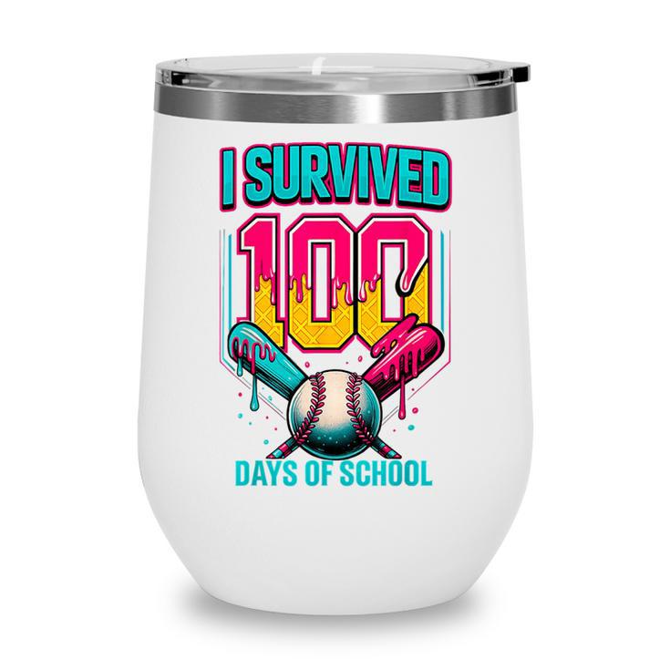 HUGvyn I Survived 100 Days Baseball Teacher Ice Cream Drip Wine Tumbler
