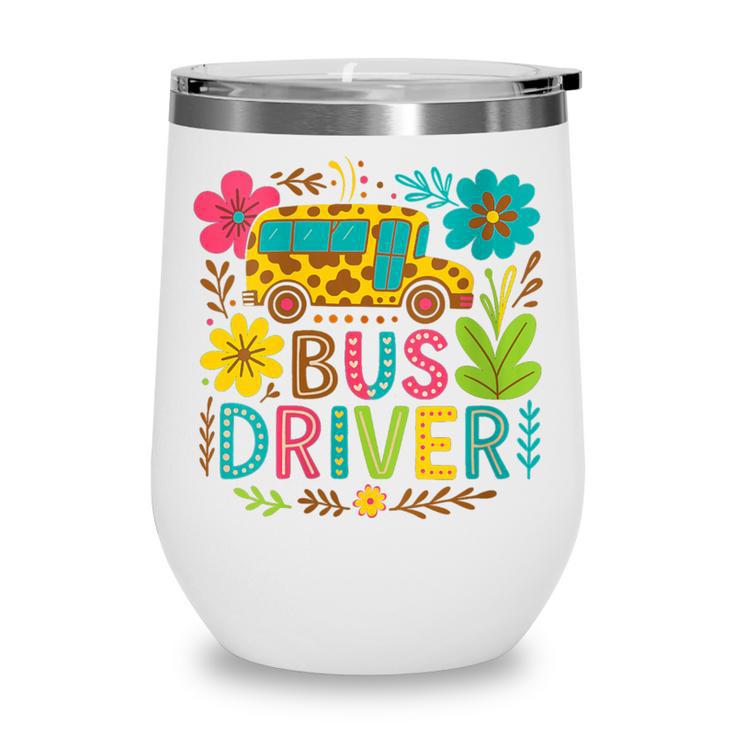 School Bus Driver Boho Floral Leopard Back To School Womens Wine Tumbler