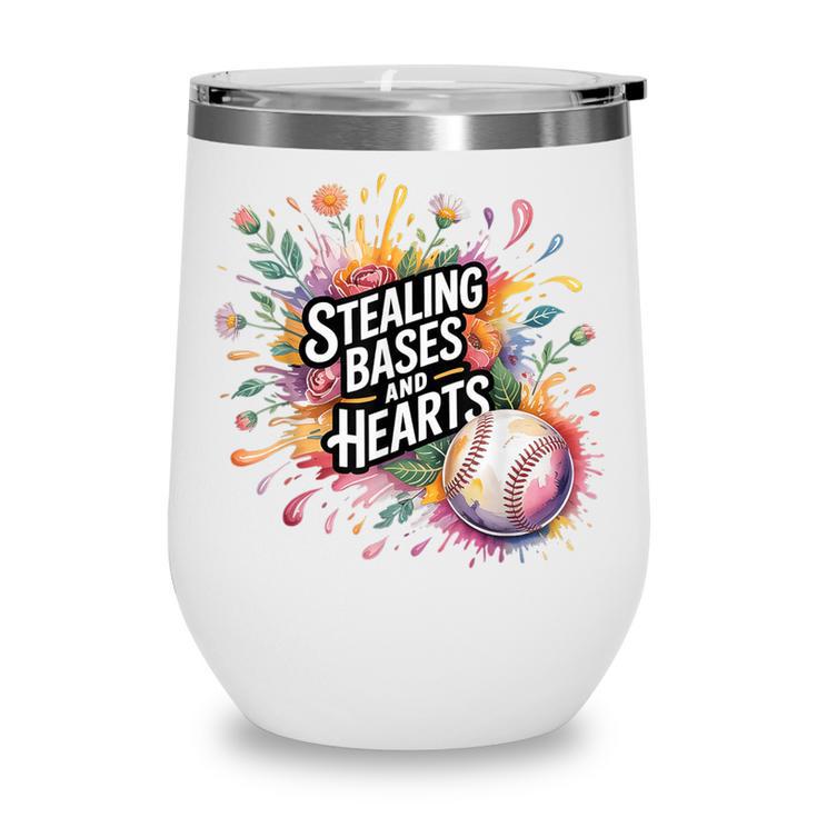 Stealing Bases And Hearts Baseball Puns Sports Wine Tumbler