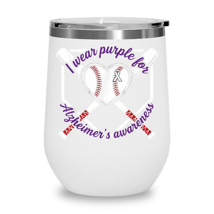 I Wear Purple For Alzheimers Awareness Baseball Heart Ribbon Wine Tumbler