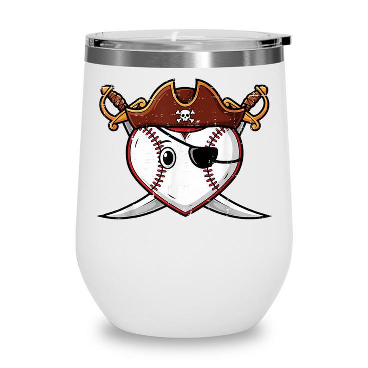 Baseball Heart Pirate Hat Crossed Swords Men Boys Kids Youth Wine Tumbler