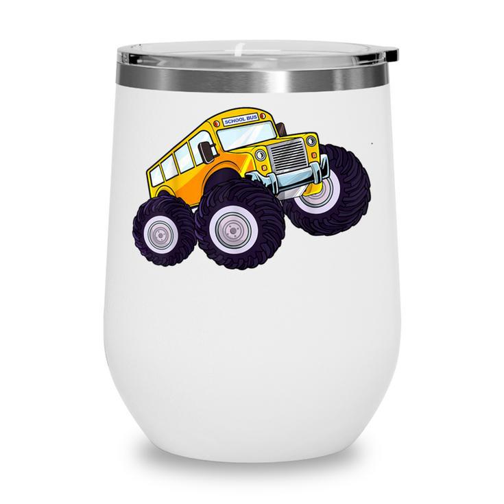 Monster Truck School Bus Yellow Back To School Kids Toddler Wine Tumbler