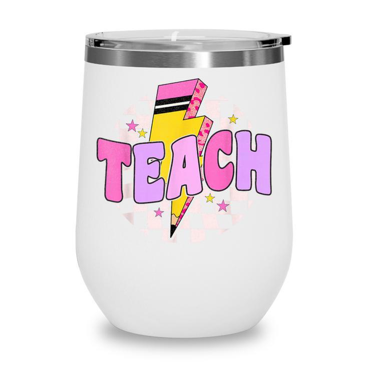 Retro Checkered Teach Pencil Lightning Back To School Wine Tumbler Retro Checkered Teach Pencil Lightning Back To School Wine Tumbler