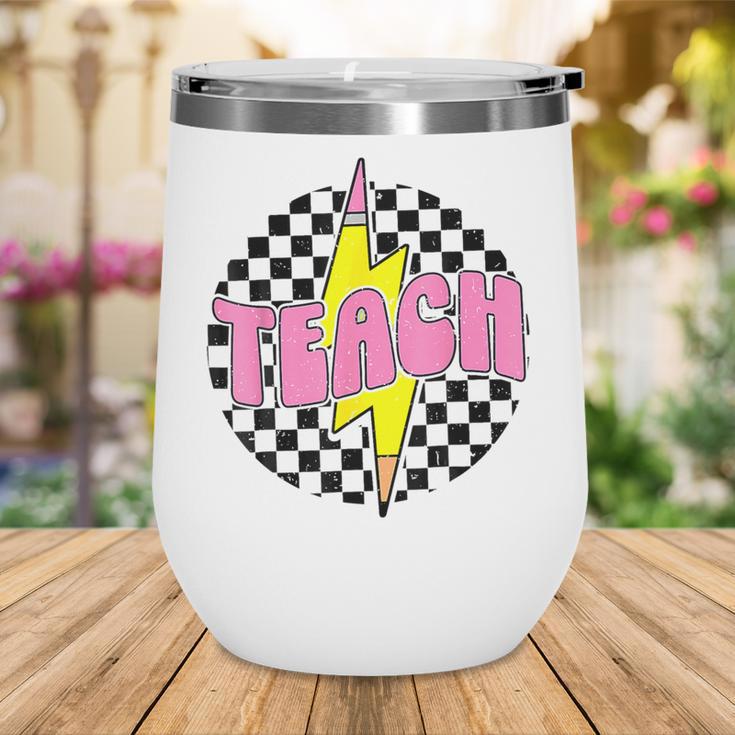 Women Checkered Teach Pencil Lightning Bolt Back To School Wine Tumbler Women Checkered Teach Pencil Lightning Bolt Back To School Wine Tumbler