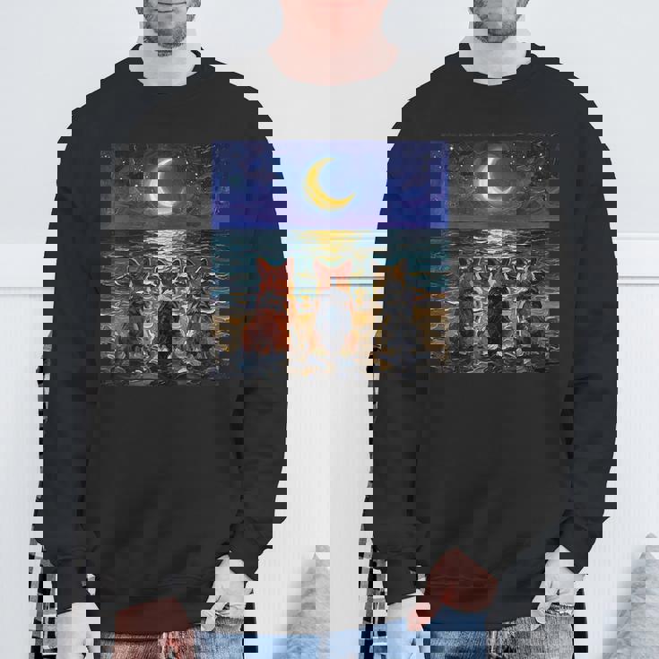 3 コーギーの夜のビーチかわいい犬と三日月のアートワーク スウェットシャツ 高齢者への贈り物