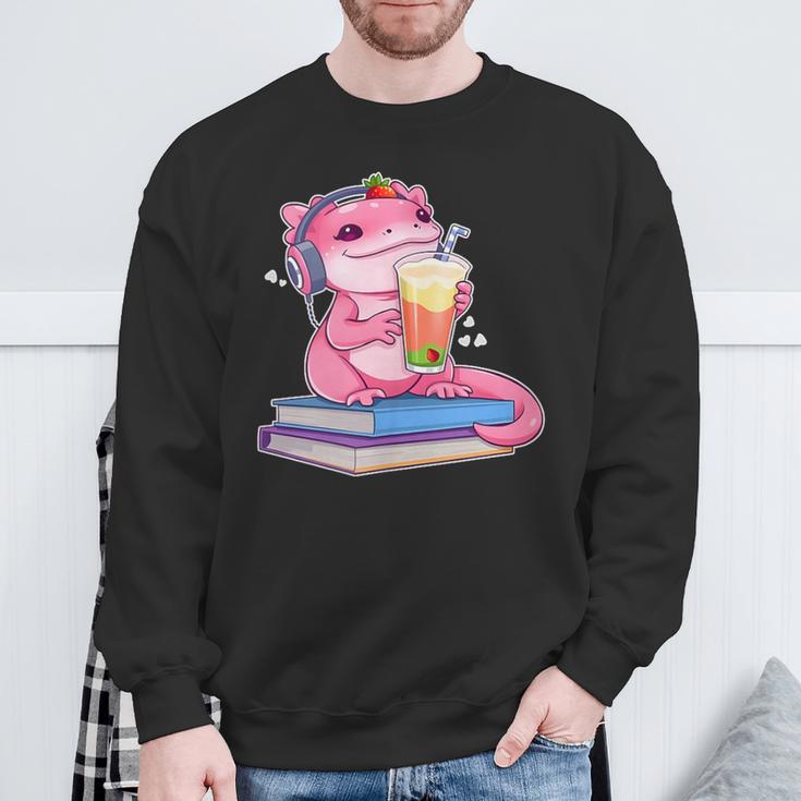 Axolotl With Strawberry Matcha And Books Sweatshirt Gifts for Old Men
