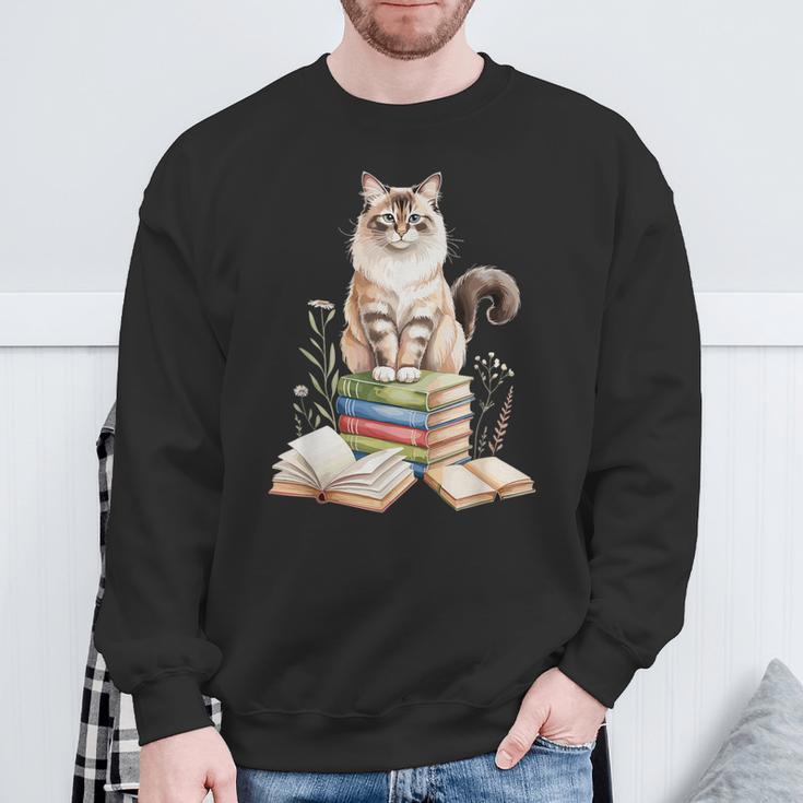 Balinese Cat Longhaired Siamese Books Flowers Book Reading Sweatshirt Gifts for Old Men