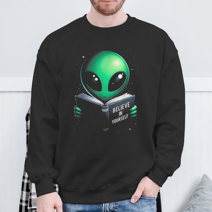 Believe In YourSelf Cute Alien Reading Book Sweatshirt Gifts for Old Men